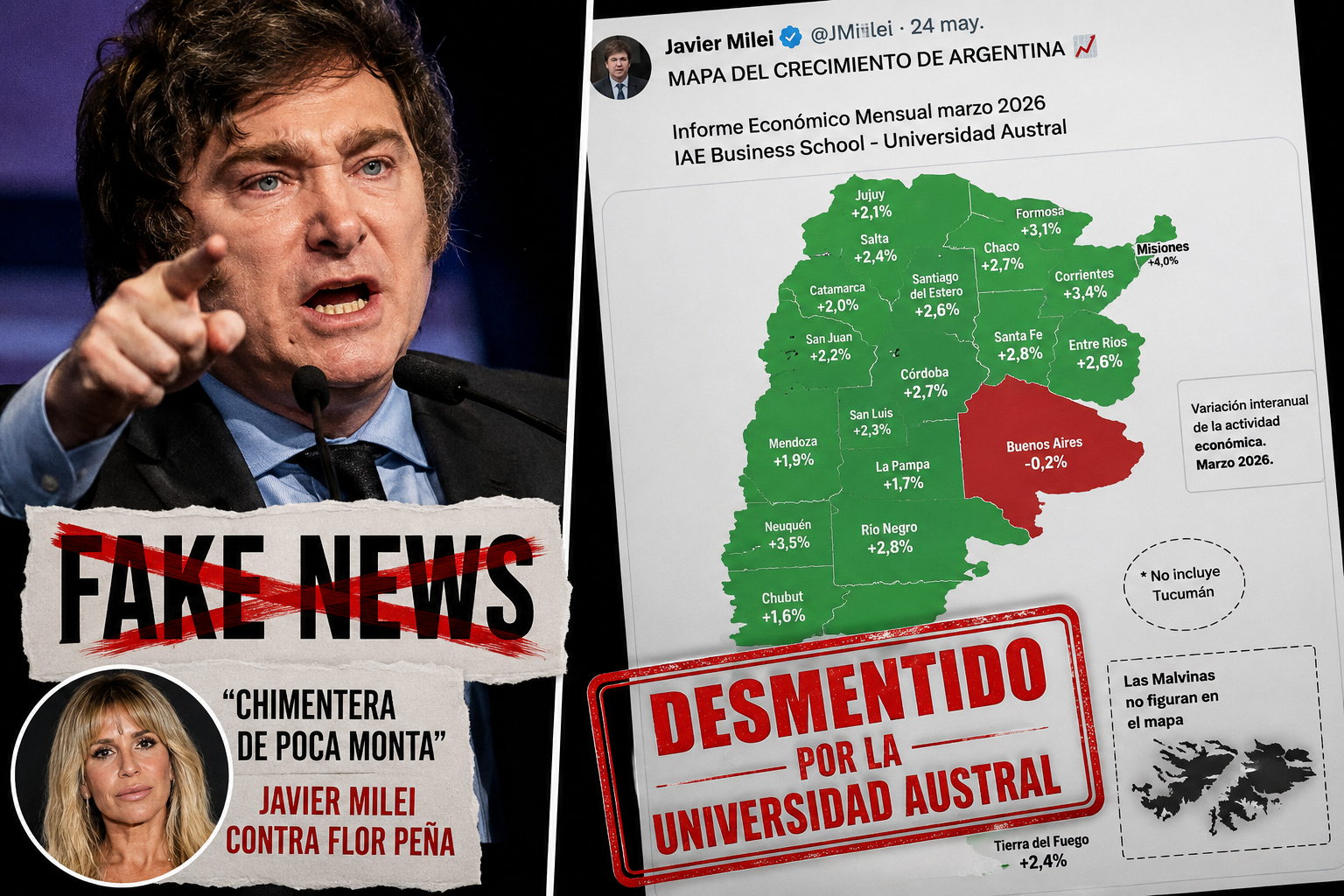 Las desmentidas que Milei no menciona: del ataque a Florencia Peña al mapa falso que difundió su propio gobierno